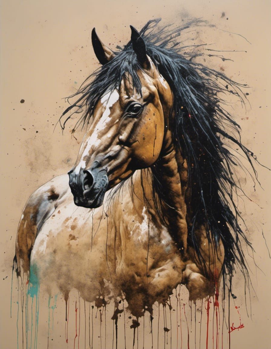 Buckskin Horse in Splatter Graffiti Oil Painting