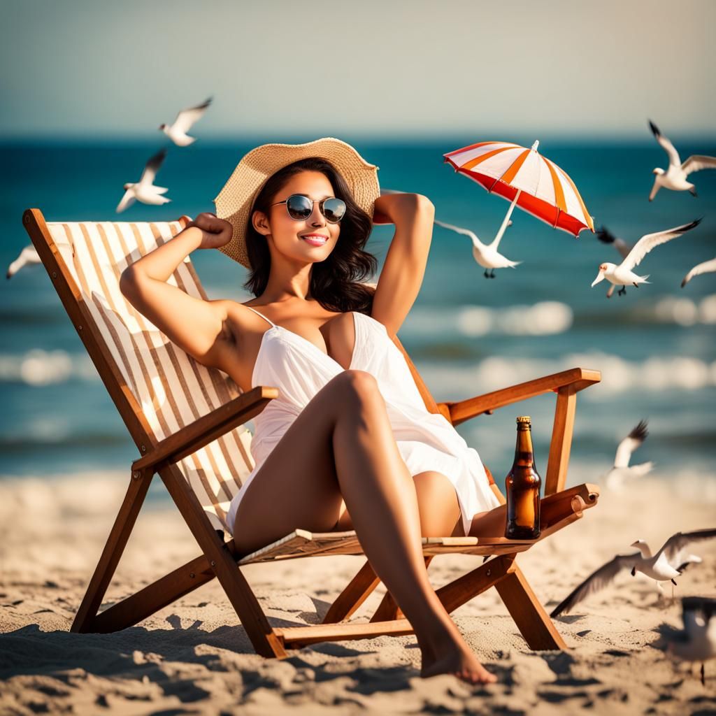 Woman Posing with Beer on Sunny Beach