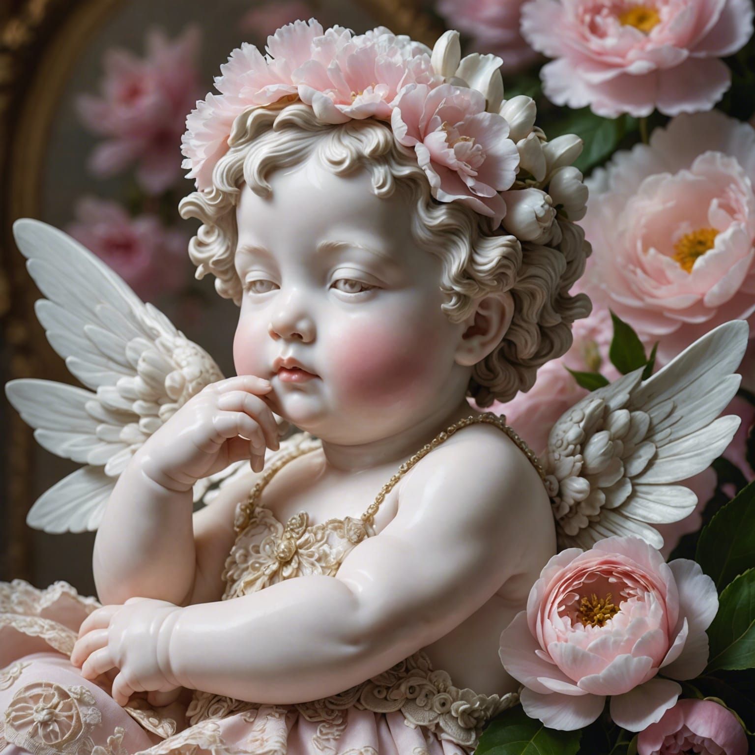 Rococo Cherub on Peony Blossom Macro Photograph