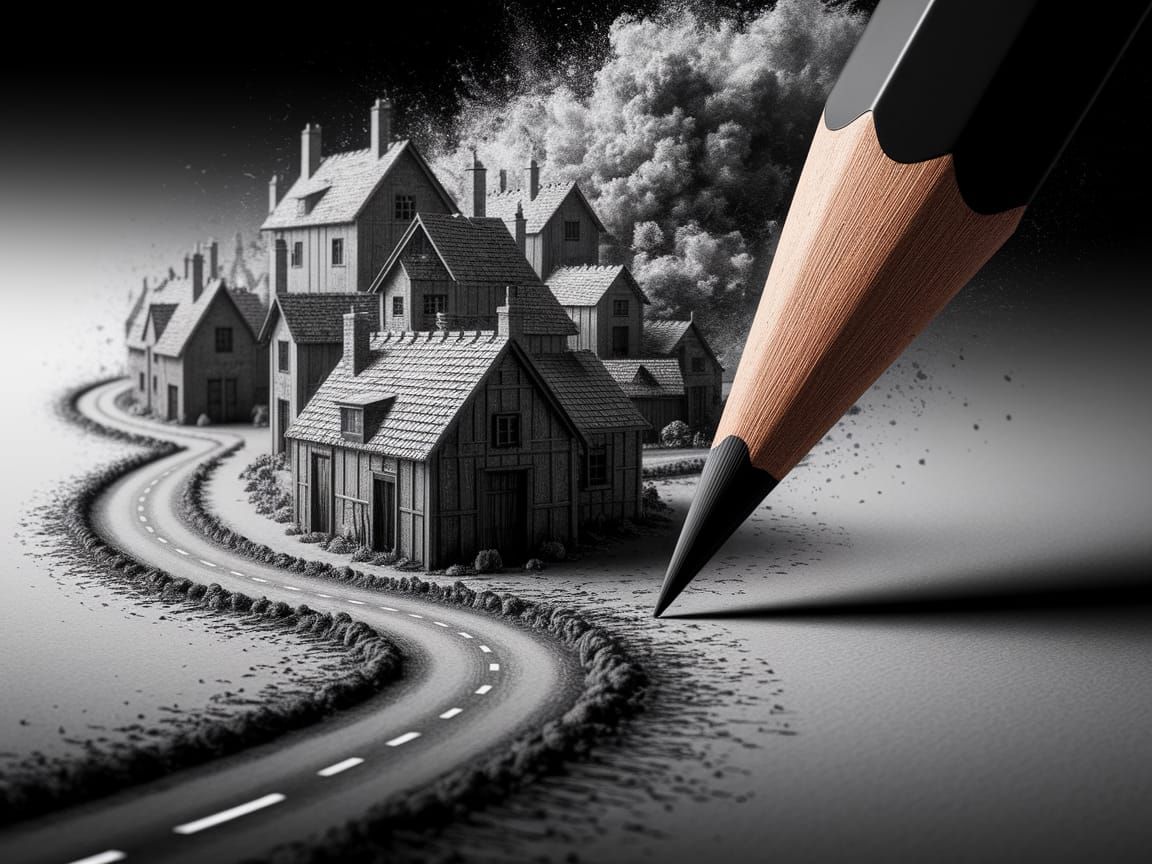 Charcoal Pencil Draws Intricate Village in Cinematic Realism