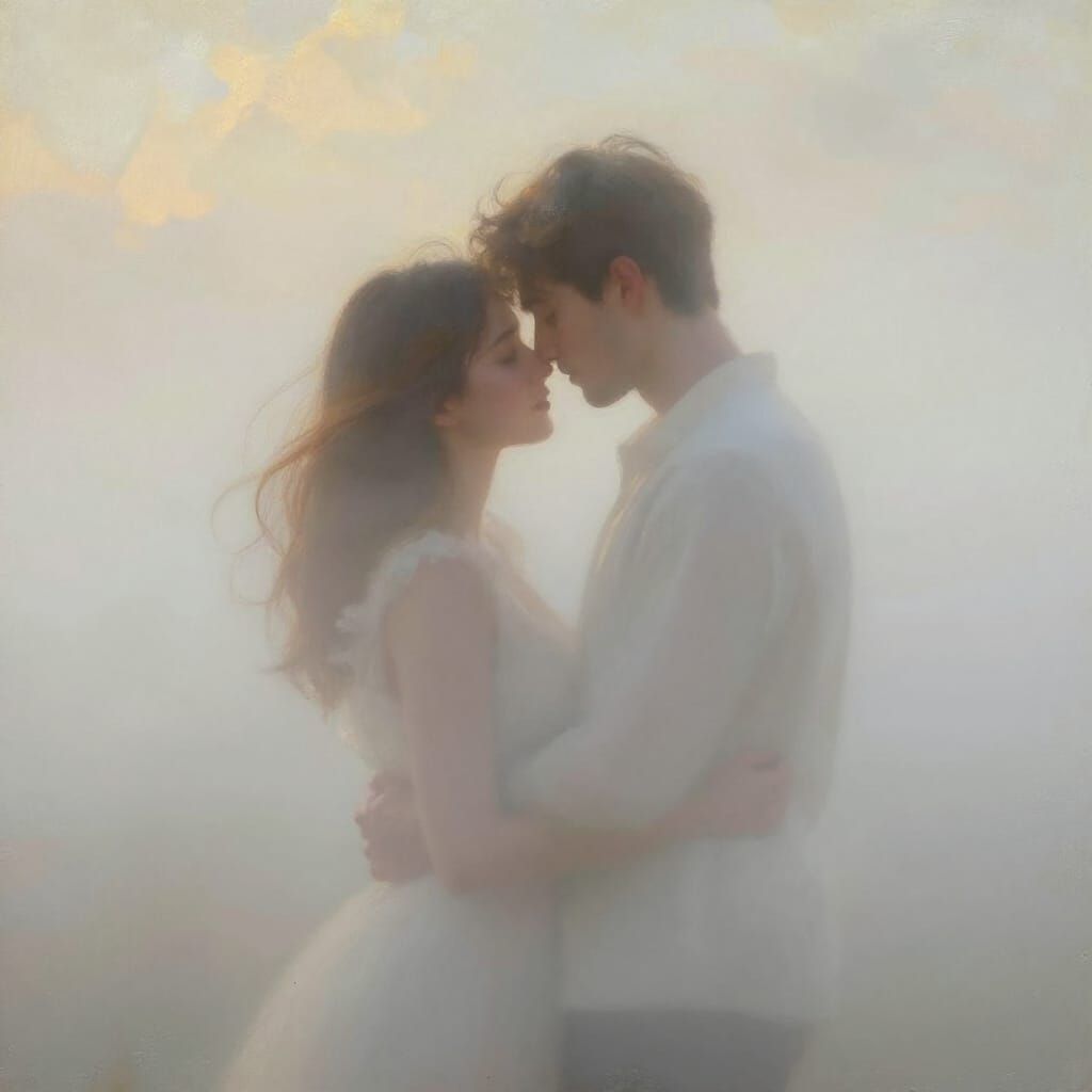 Romantic Couple Embracing in Ethereal Mist, Oil Painting Sty...