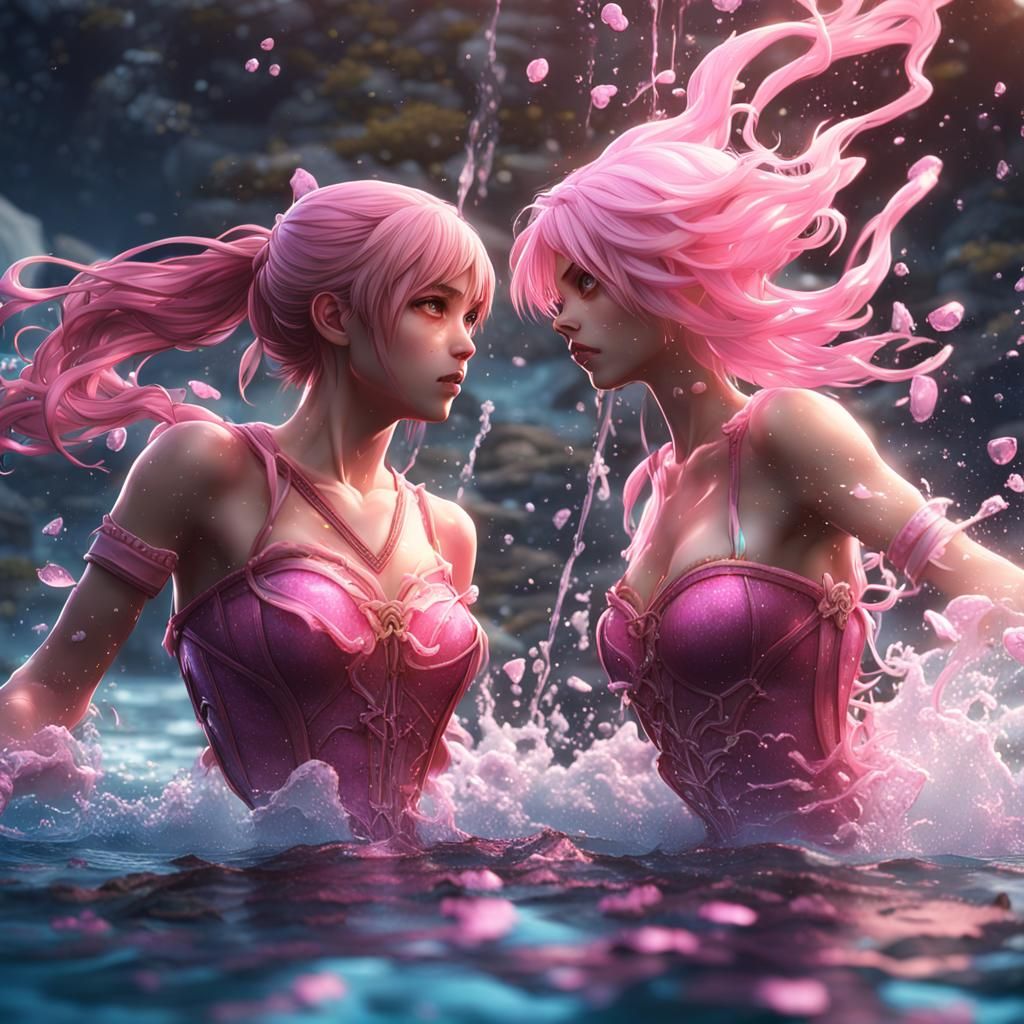 Anime Girls Splashing in Water: Detailed Matte Painting