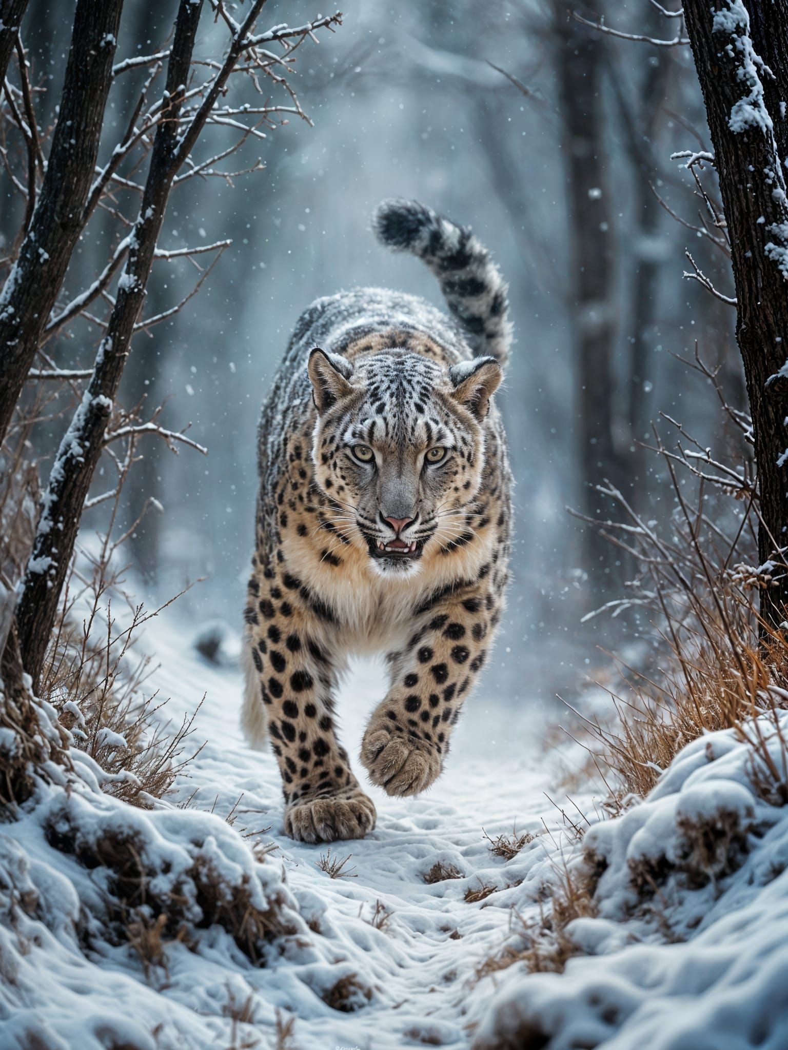 Snow Leopard Running: Ethereal Forest Scene