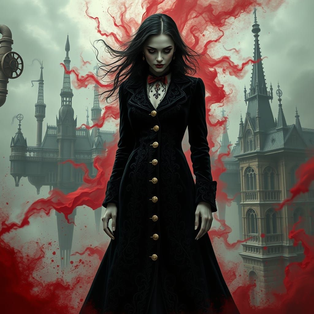 Ethereal Vampire Amidst Steampunk Floating City in Crimson S...