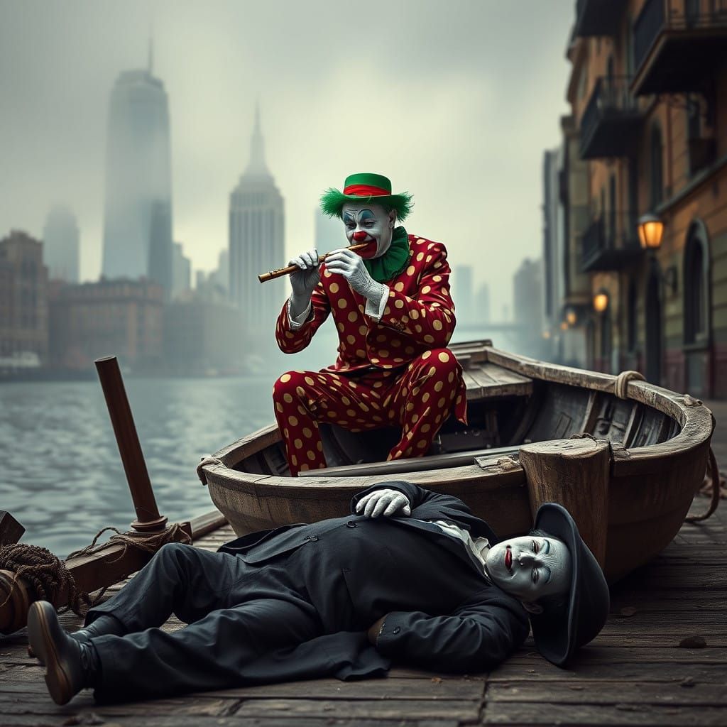 Surrealist Clown Plays Melancholic Tune on Weathered Boat Am...