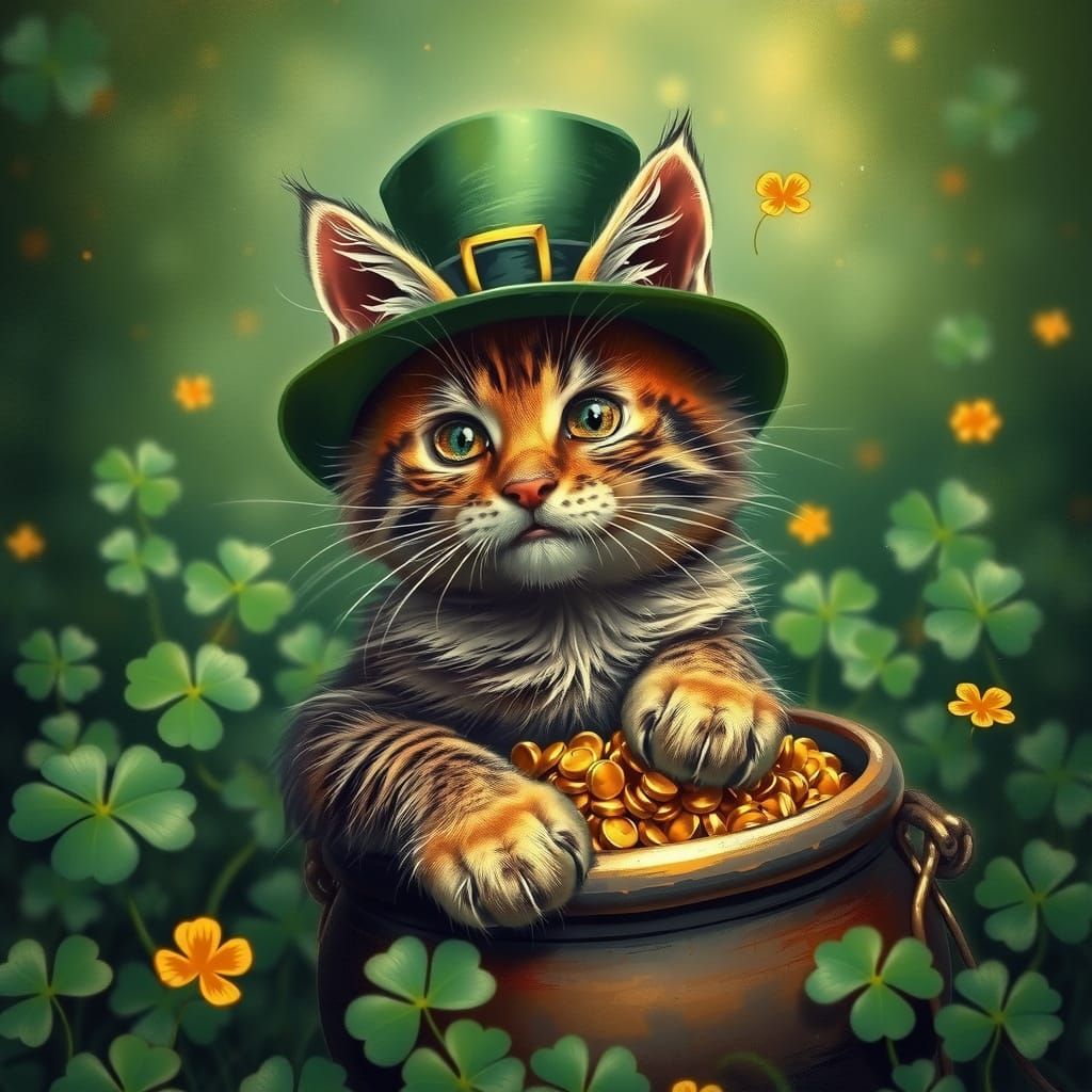 Lucky Leprechaun and Kitten Amidst Shamrocks
