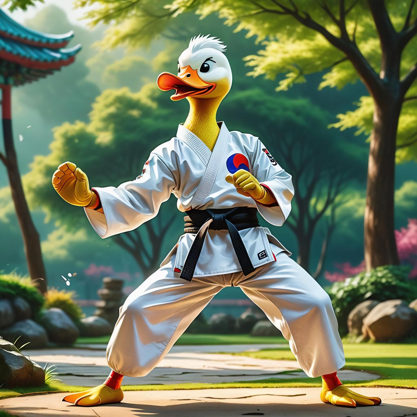 Cartoon Duck Does Taekwondo Spinning Kick