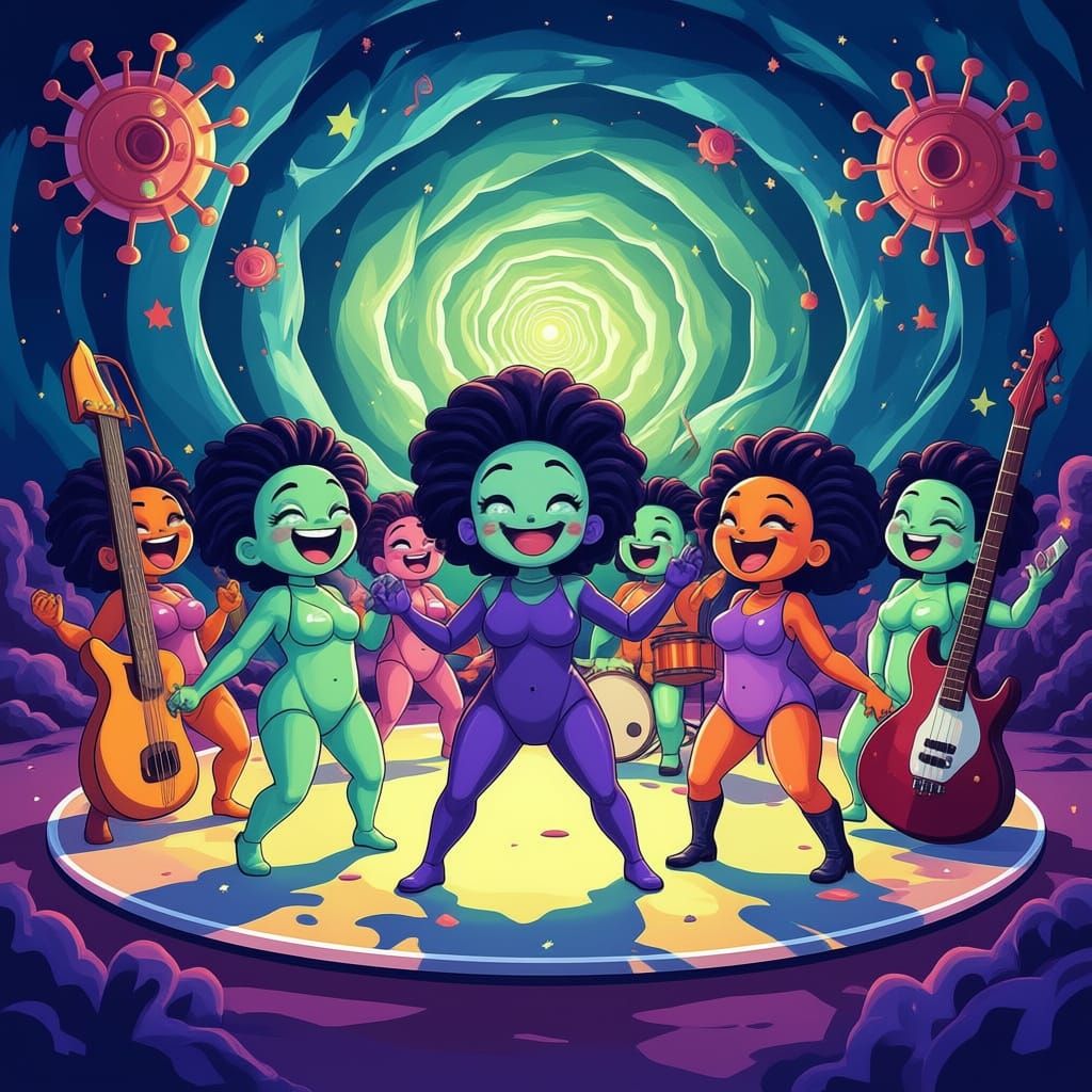 Mischievous Goo Microbes Dance in Vibrant Cartoon Style