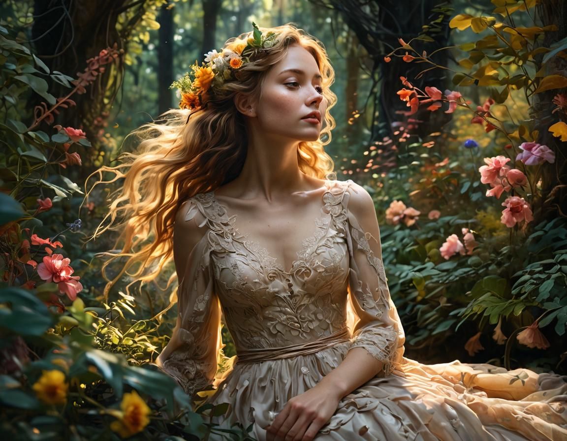 Woman in Floral Forest: Romantic Gouache Painting