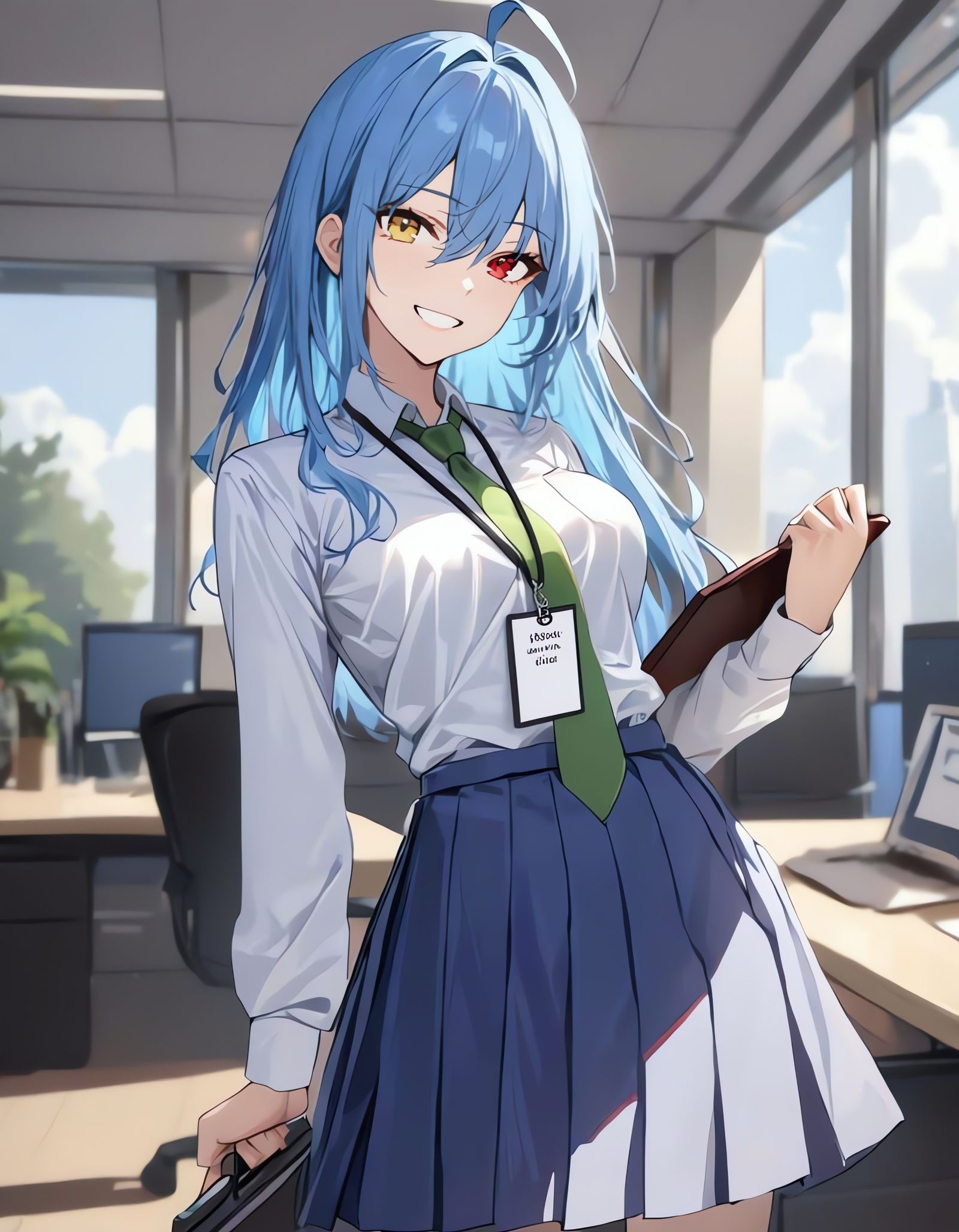 Anime Girl in Office Attire with Blue Hair and Heterochromia
