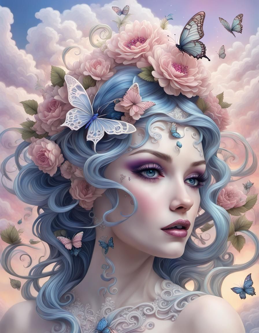 Fantasy Woman with Floral Hair, Abstract Fractal Art