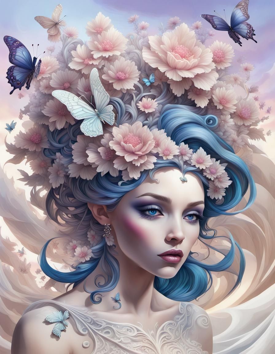 Fantasy Woman with Flower Hair in Art Nouveau Style