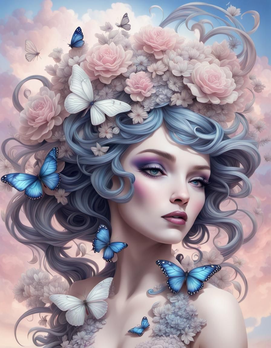 Fantasy Woman with Flower Hair, Art Nouveau Style