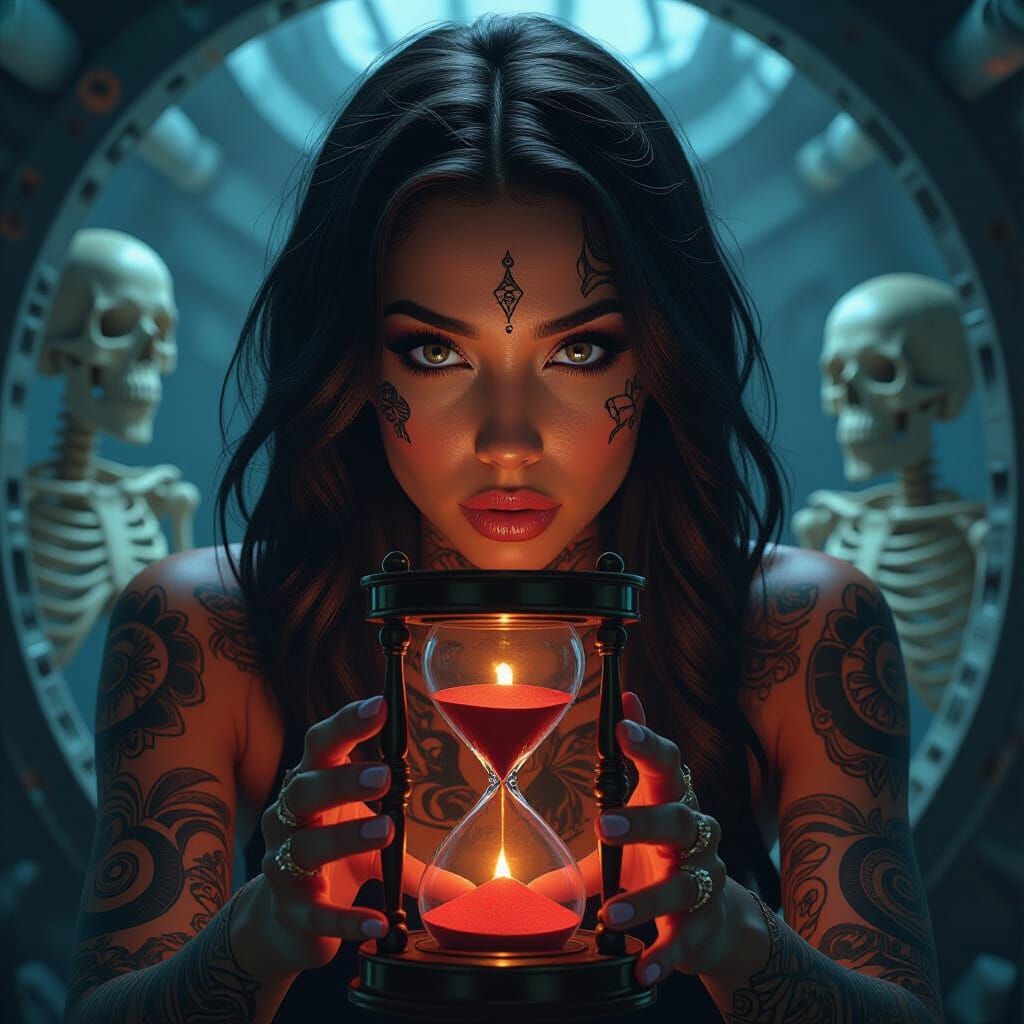 Tattooed Woman in Time Machine with Hourglass