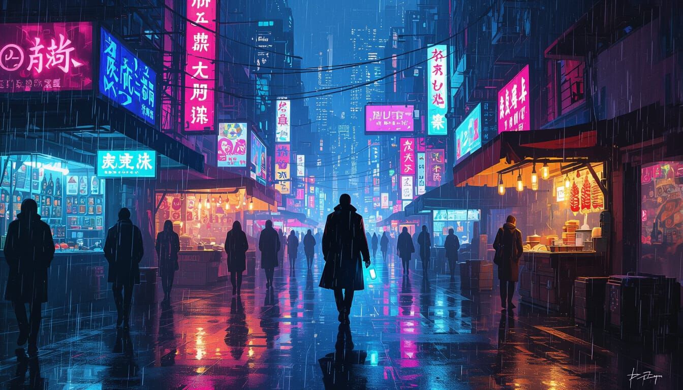 Neon Cyberpunk Market Street at Night