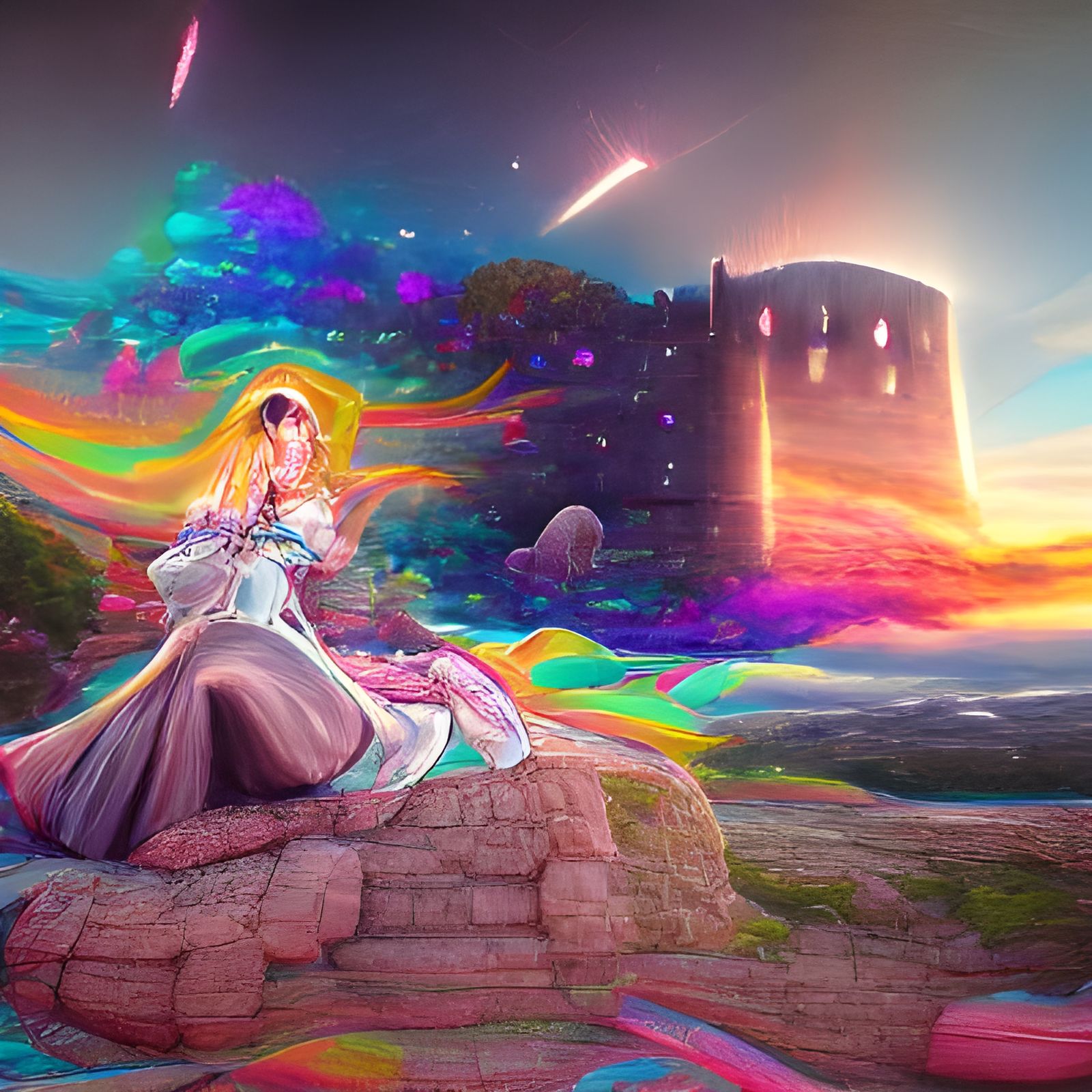 Rainbow Anime Princess in Castle at Sunset