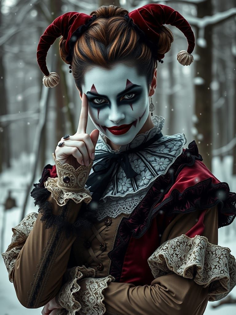 Harlequin Woman in Victorian Attire with Sinister Smile