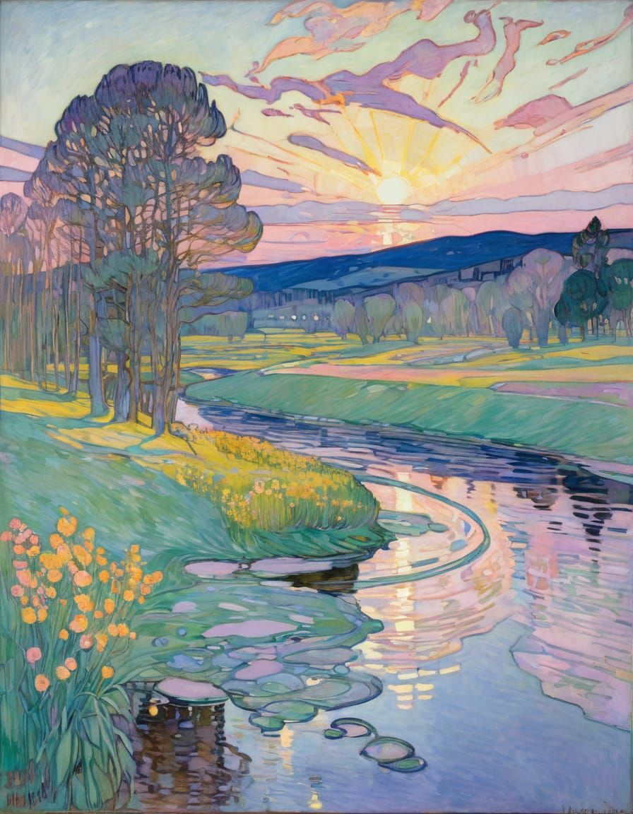 Dreamy River Landscape in Pastel Hues