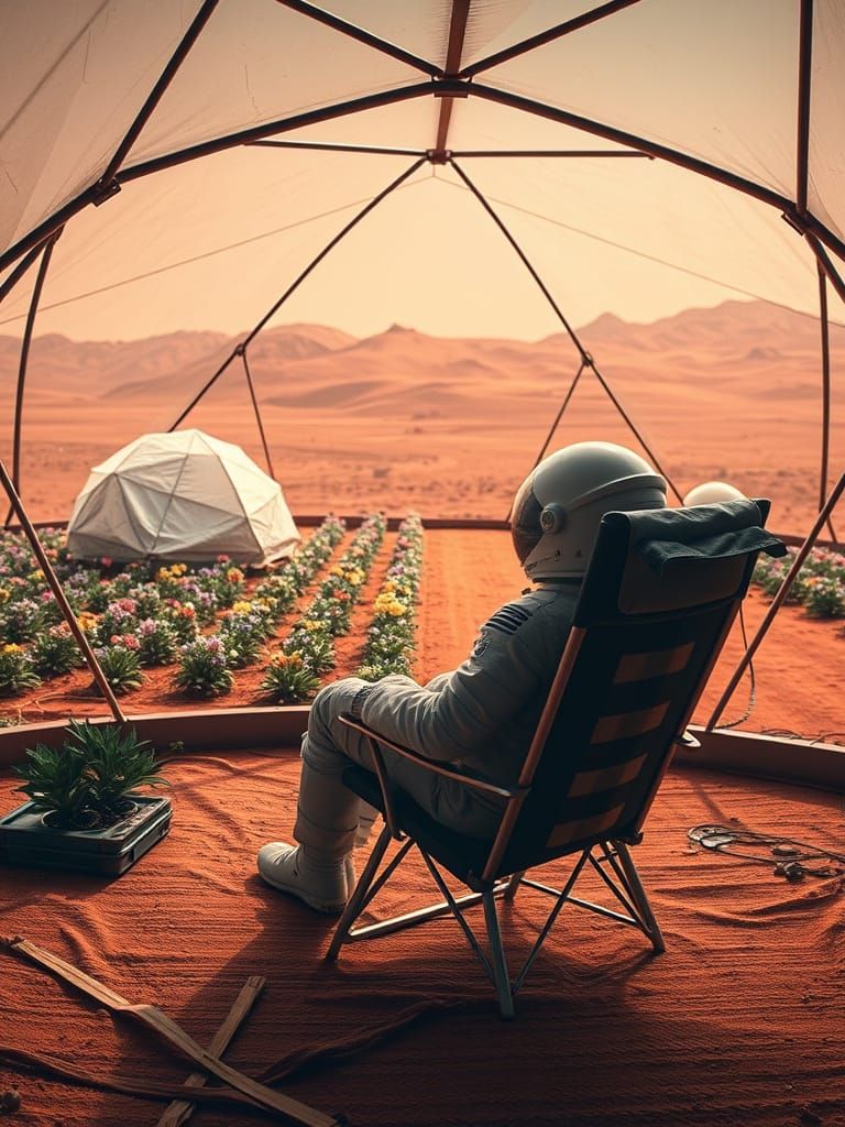 Astronaut Relaxing in Martian Flower Dome