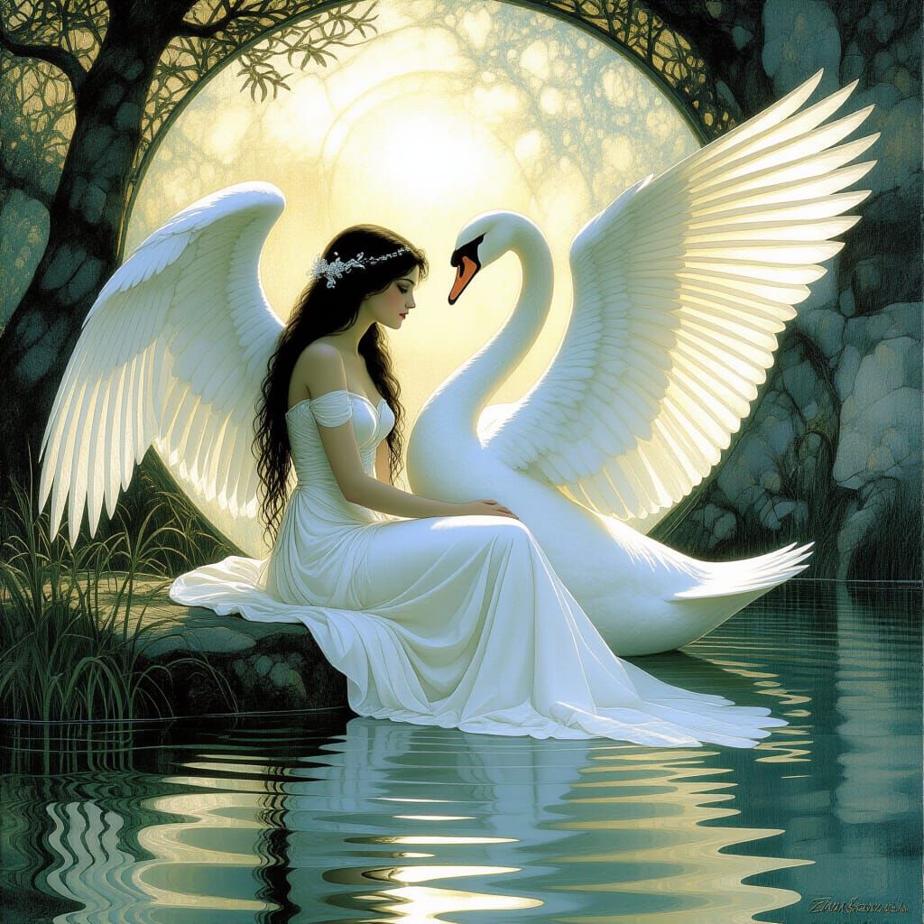 Leda and the swan in the style of John William Waterhouse Zd...