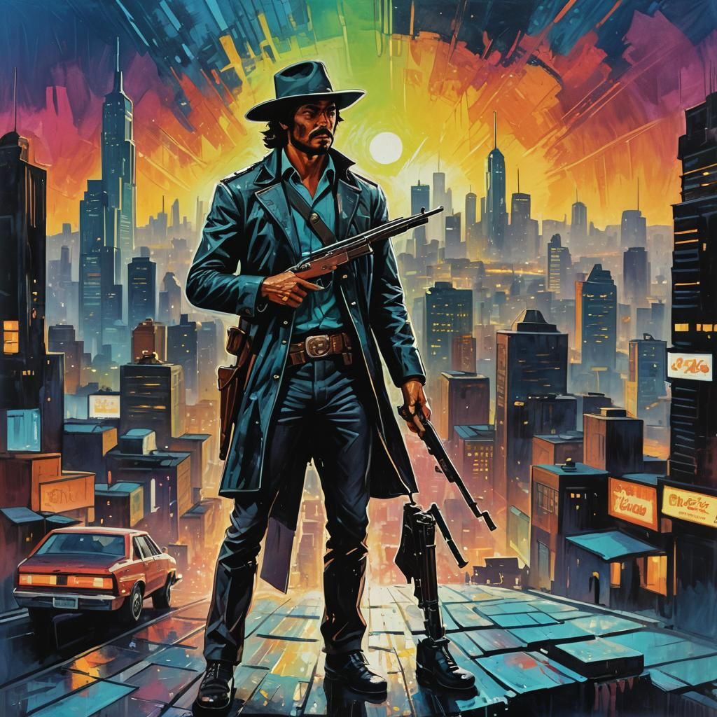 Mexican Assassin in a Futuristic City, Gouache-Style Poster