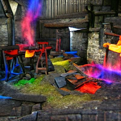 Vibrant Blacksmith's Forge with Colorful Lighting