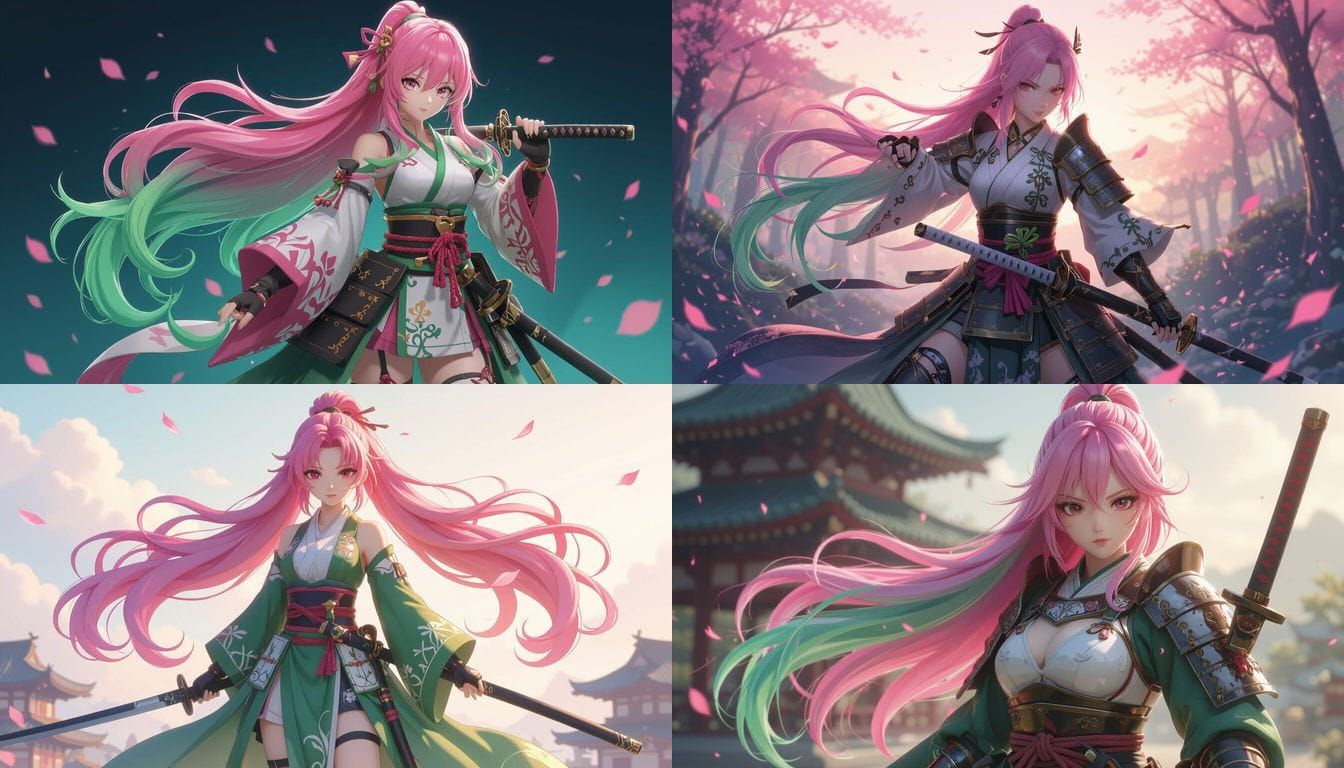 Anime Warrior Girl with Pink Green Hair in Samurai Armor