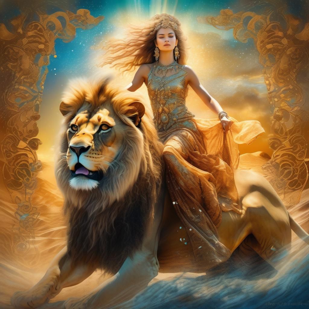 Lion Goddess Double Exposure in Fantasy Style