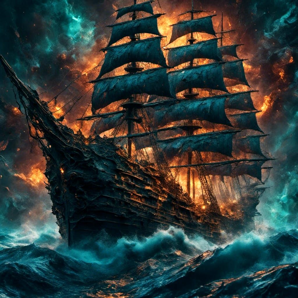 Lone Ship at Sea: Detailed Matte Painting