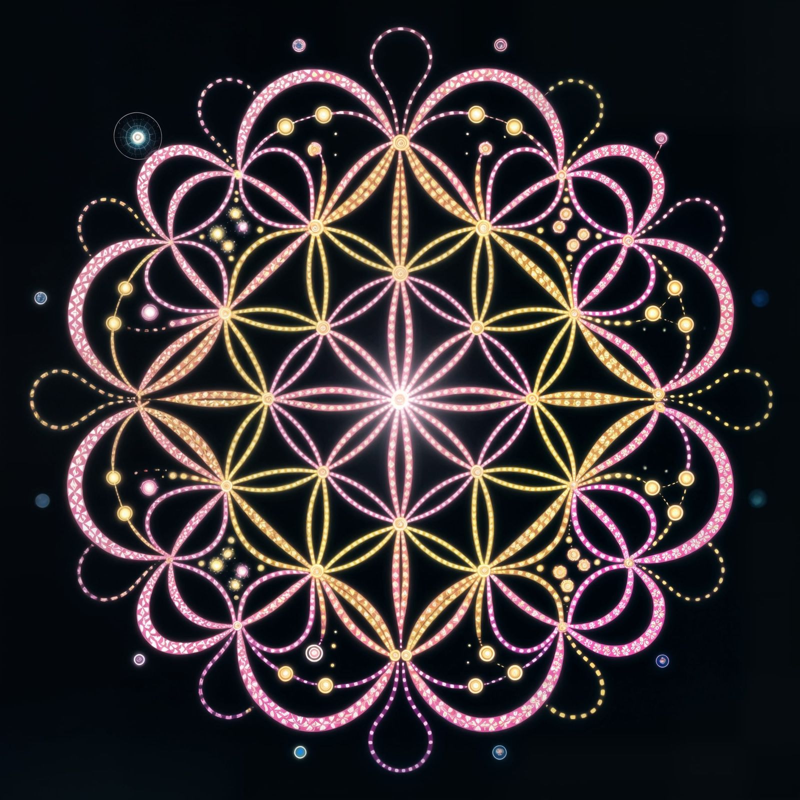 Mesmerizing 3D Vortex of Neon Dots and Sacred Geometry