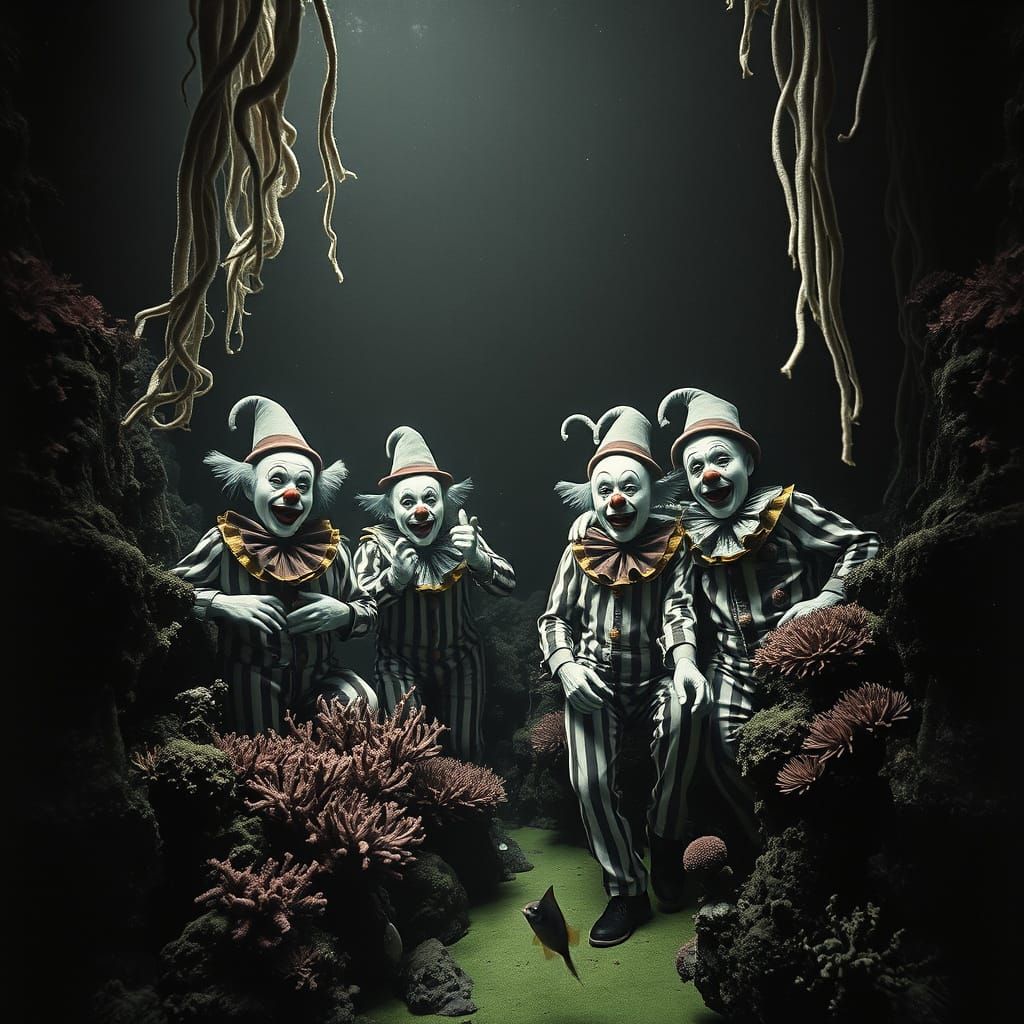 Circus with clowns, Under the sea, reefs, coral reefs, seaweed, school of fish, green ooze, black and white film, photog...