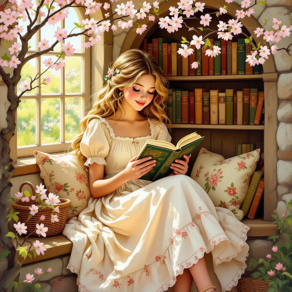 Girl Reading Book in Blossoms, Potter Style