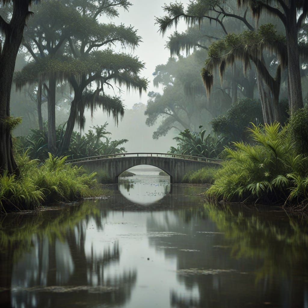 Florida Swamp Bridge in National Geographic Style