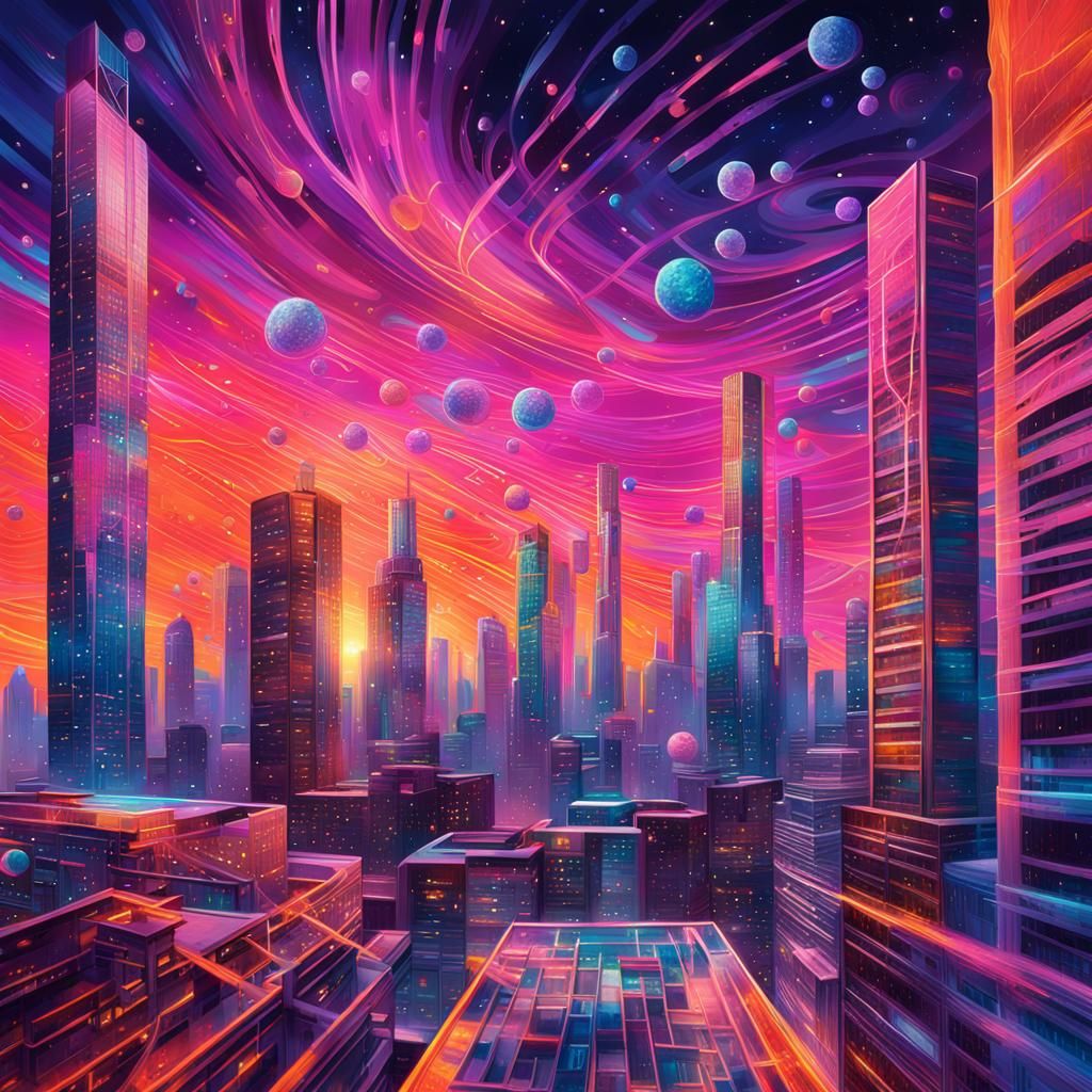 Surreal Cityscape Sunset with Astral Cosmic Elements