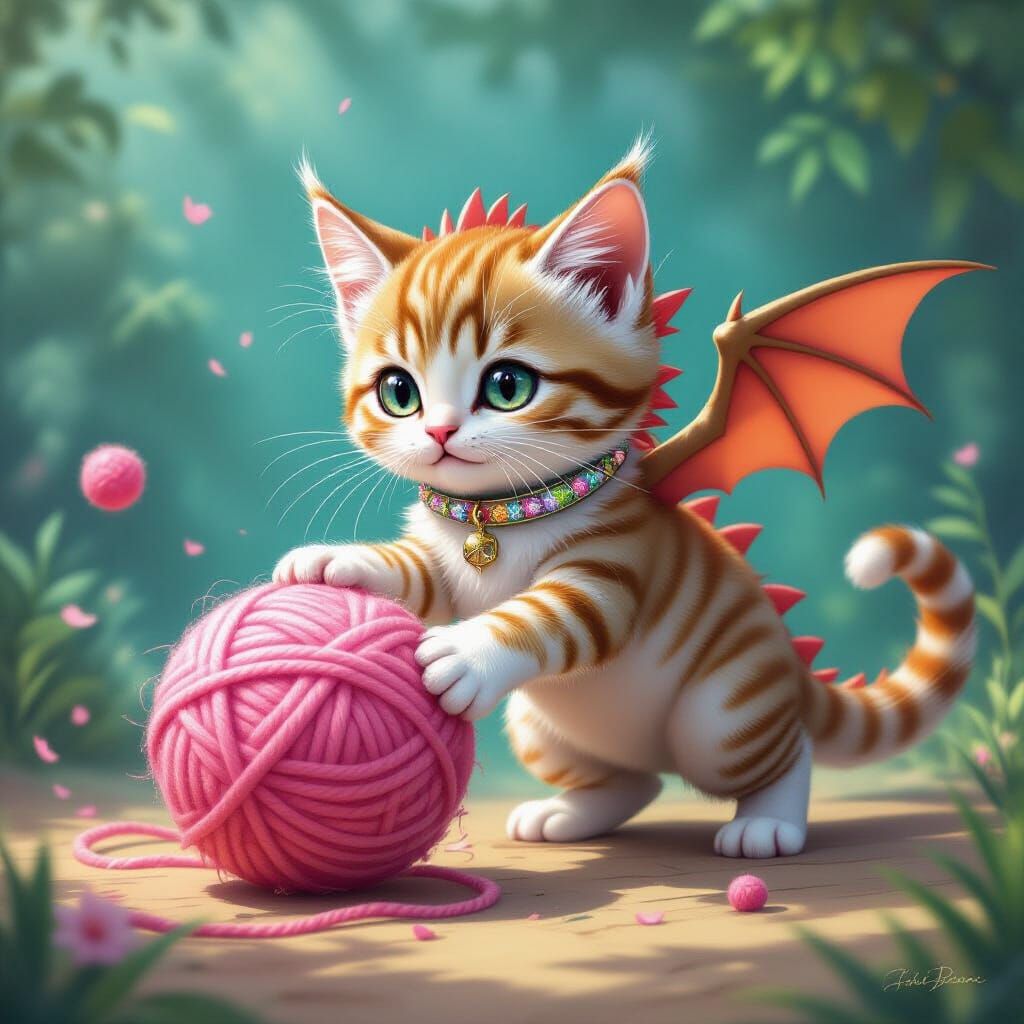 Feline Dragon Pouncing on Wool, Dreamy Fantasy Art
