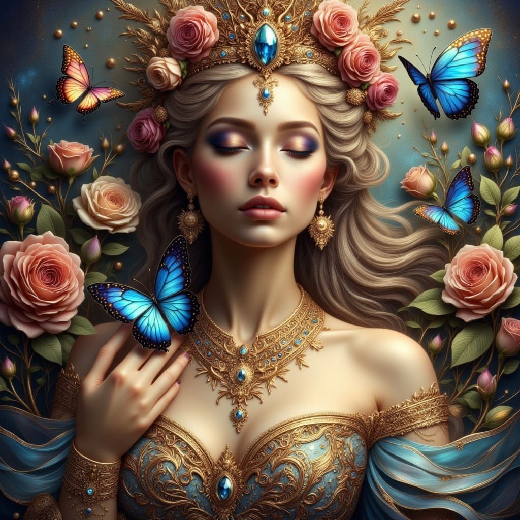 Queenly Figure with Rose Crown and Butterflies