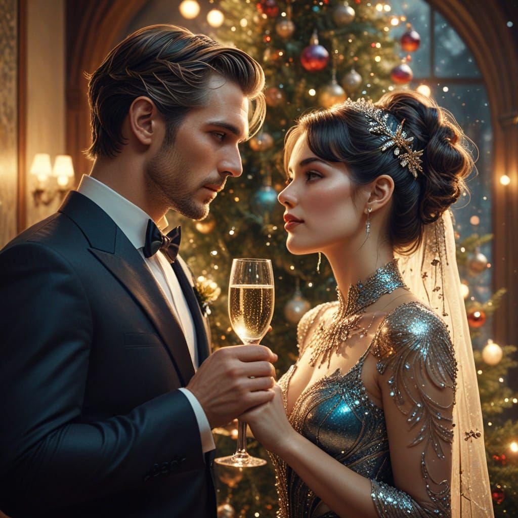 Surreal Christmastime Couple in Watercolor Style