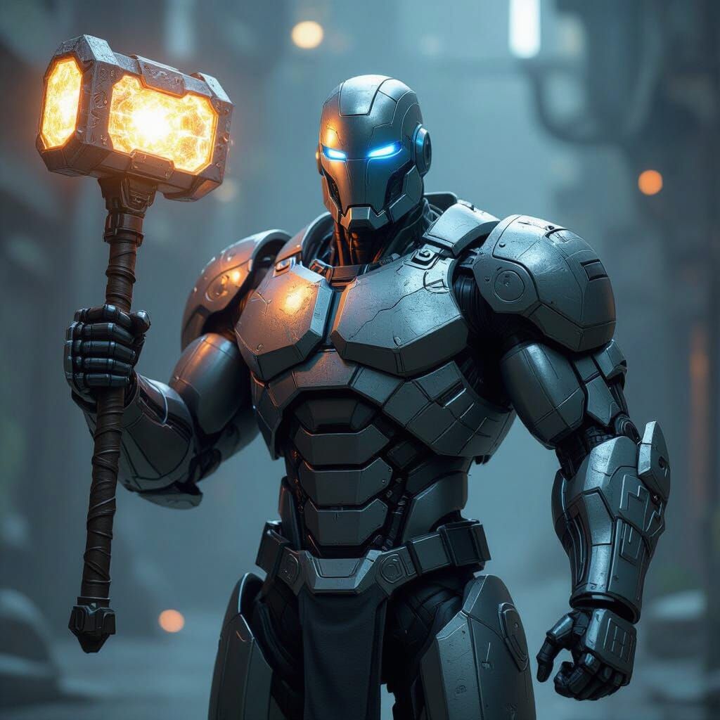 Futuristic Robot Warrior with Energy Maul in Sci-Fi Style