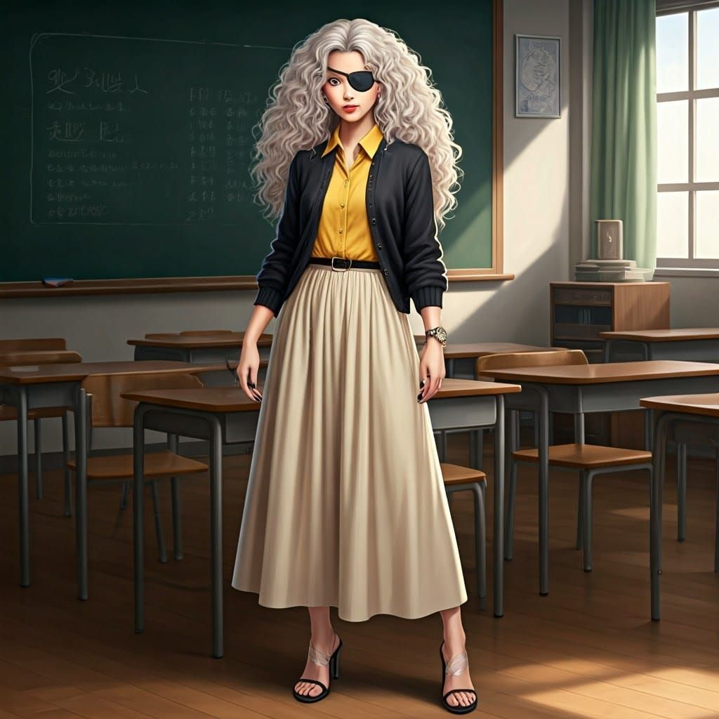 Asian Woman with Eyepatch in Classroom Art