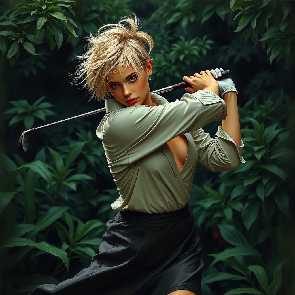 Mysterious Golfing Goddess in Moody Garden Atmosphere