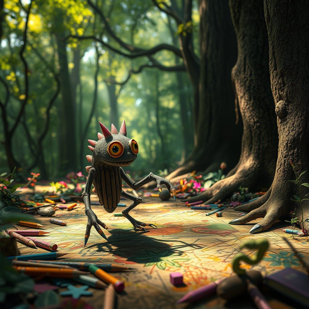 Pencil Creature Explores Enchanted Forest Digital Painting