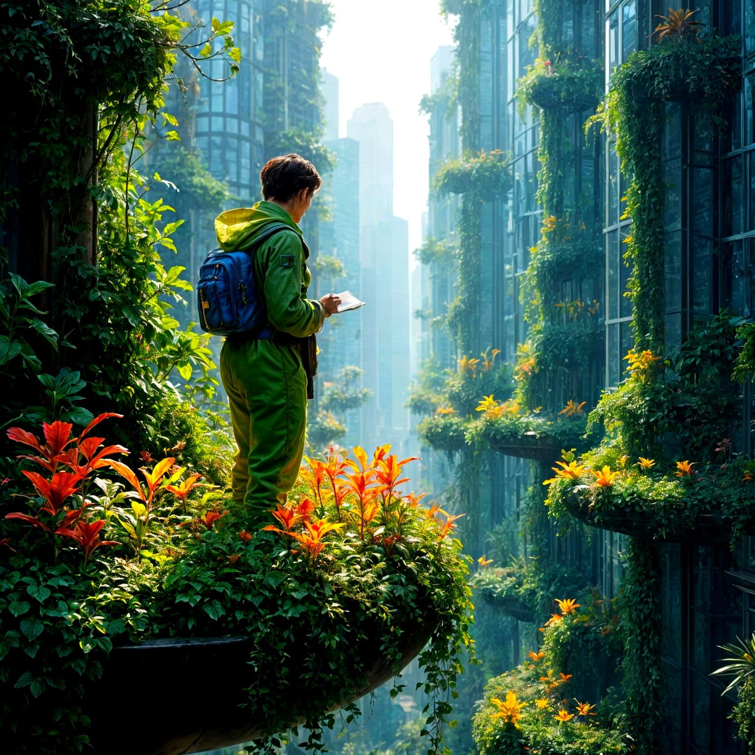 Solarpunk Botanist Tending Sky Garden