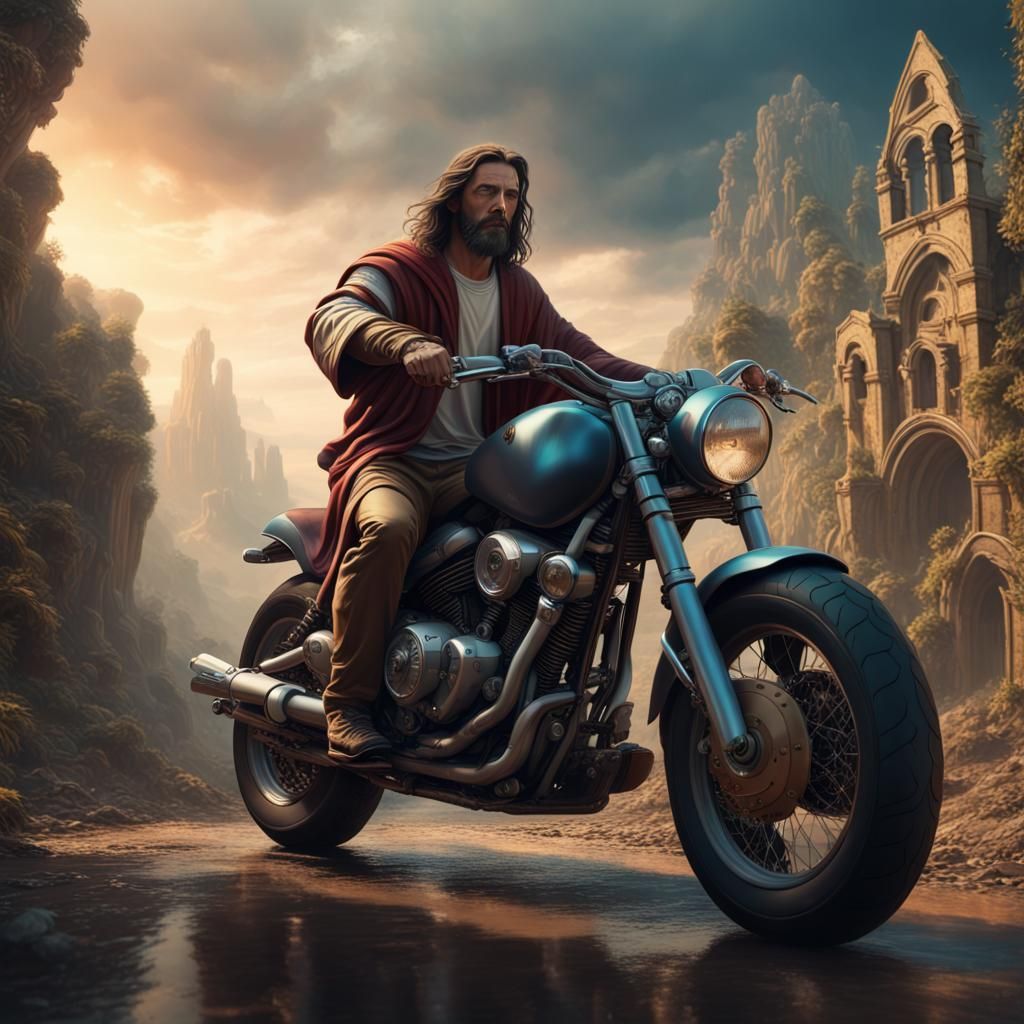 Jesus Rides Motorcycle: Detailed Fantasy Concept Art