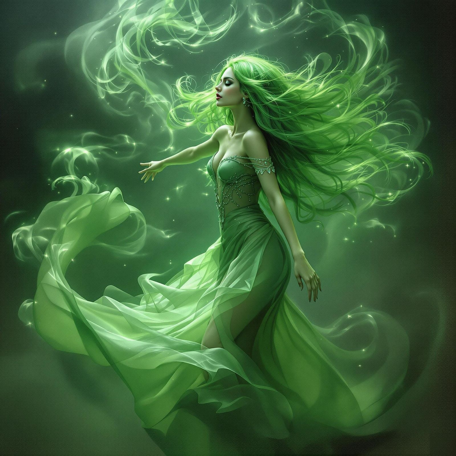 Sensual Young Witch Dances in Emerald Mists