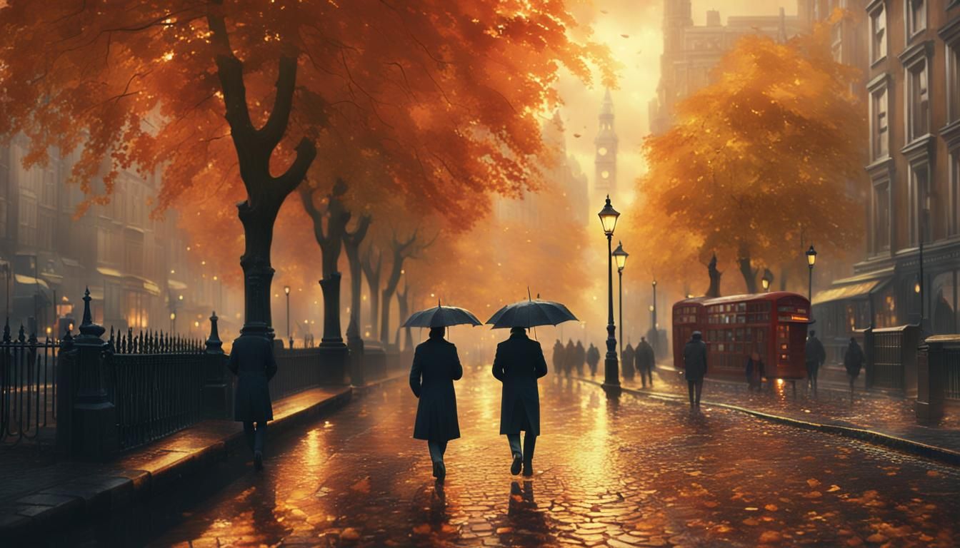 Rainy London Cityscape in Autumn, Digital Matte Painting