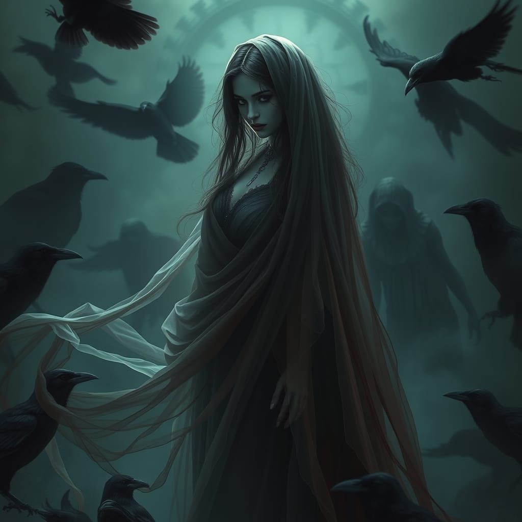 Mystical Woman Surrounded by Crows in Dramatic Lighting