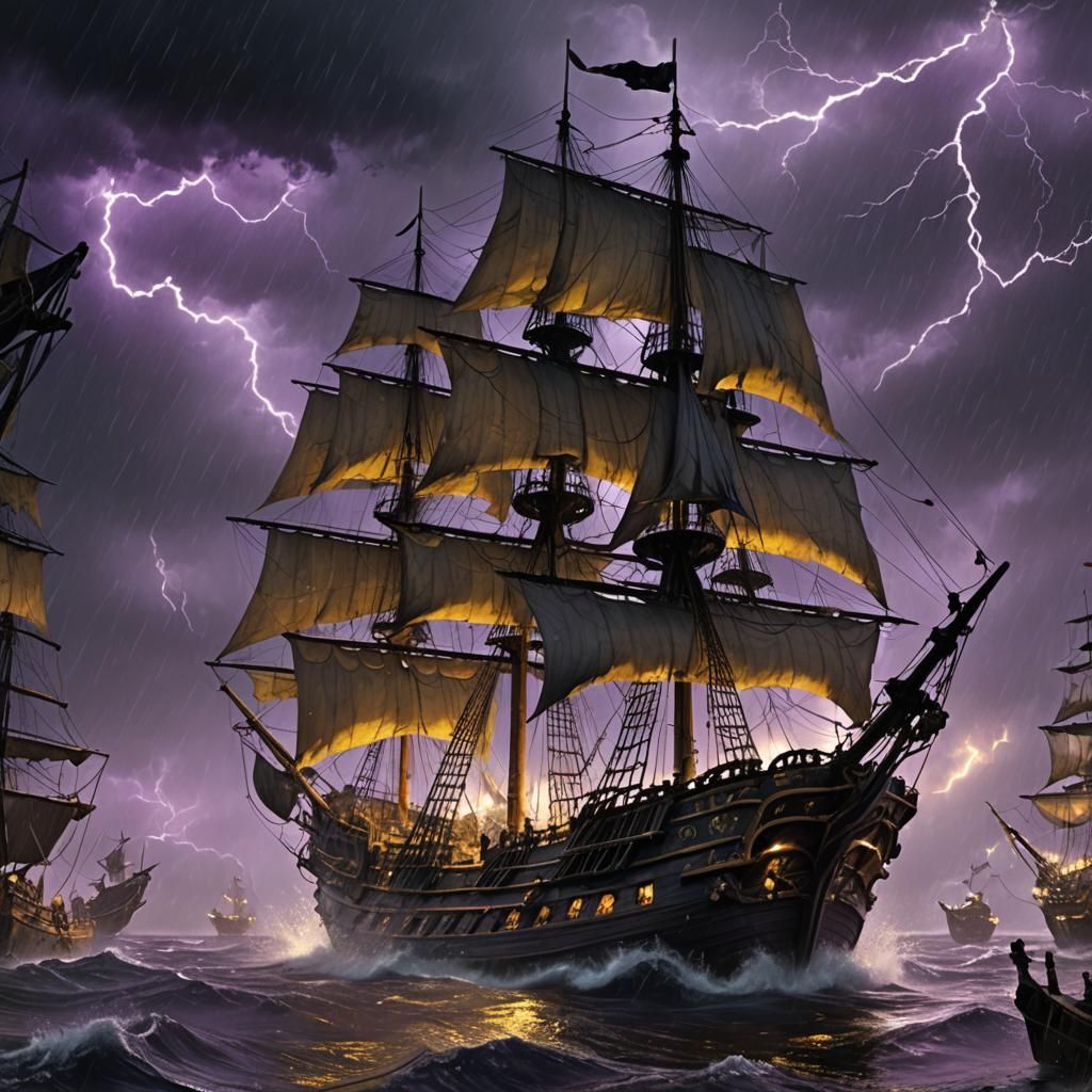 Pirate Ship Battles Storm: Dark Fantasy Art