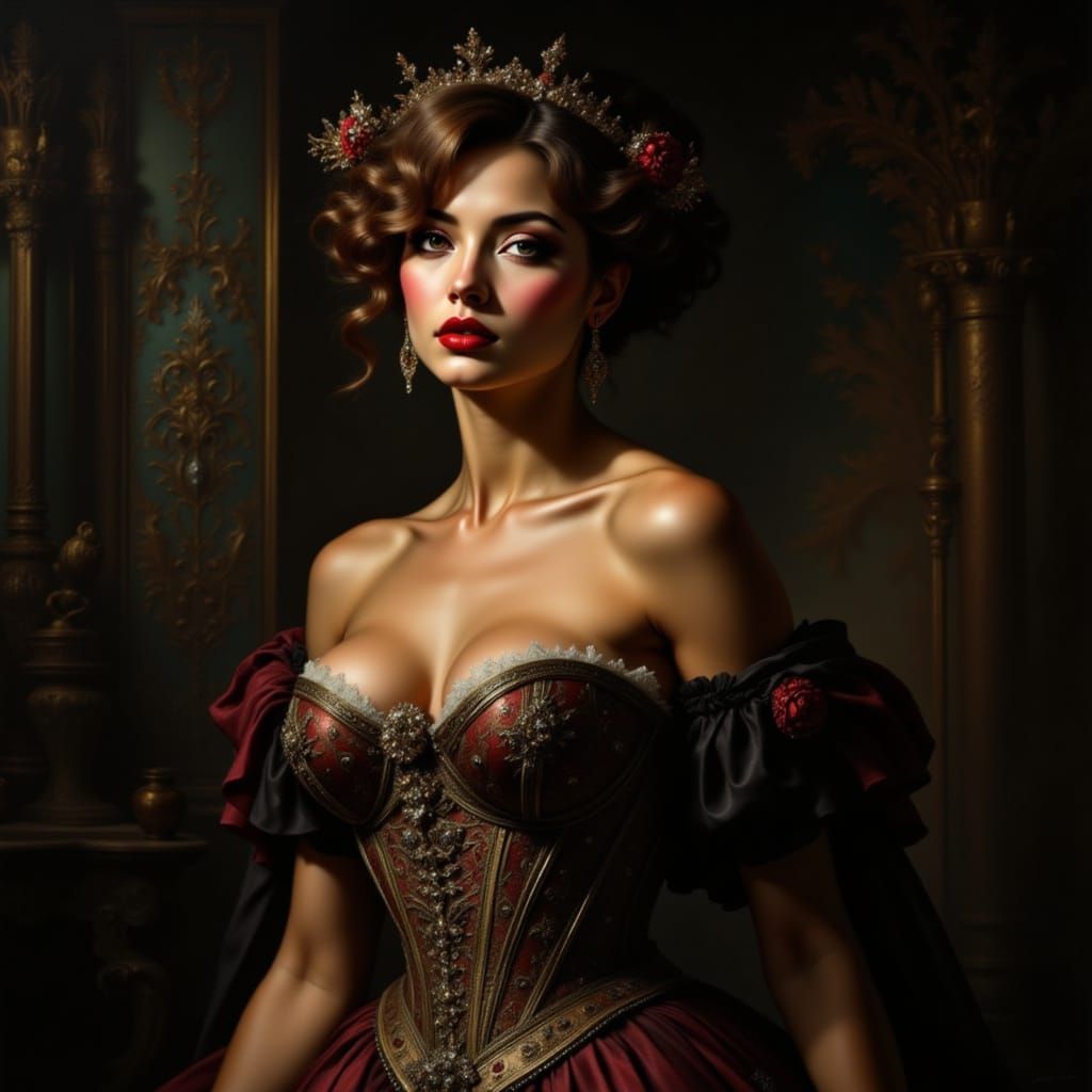 Baroque Painting of Woman in Ornate Jeweled Corset