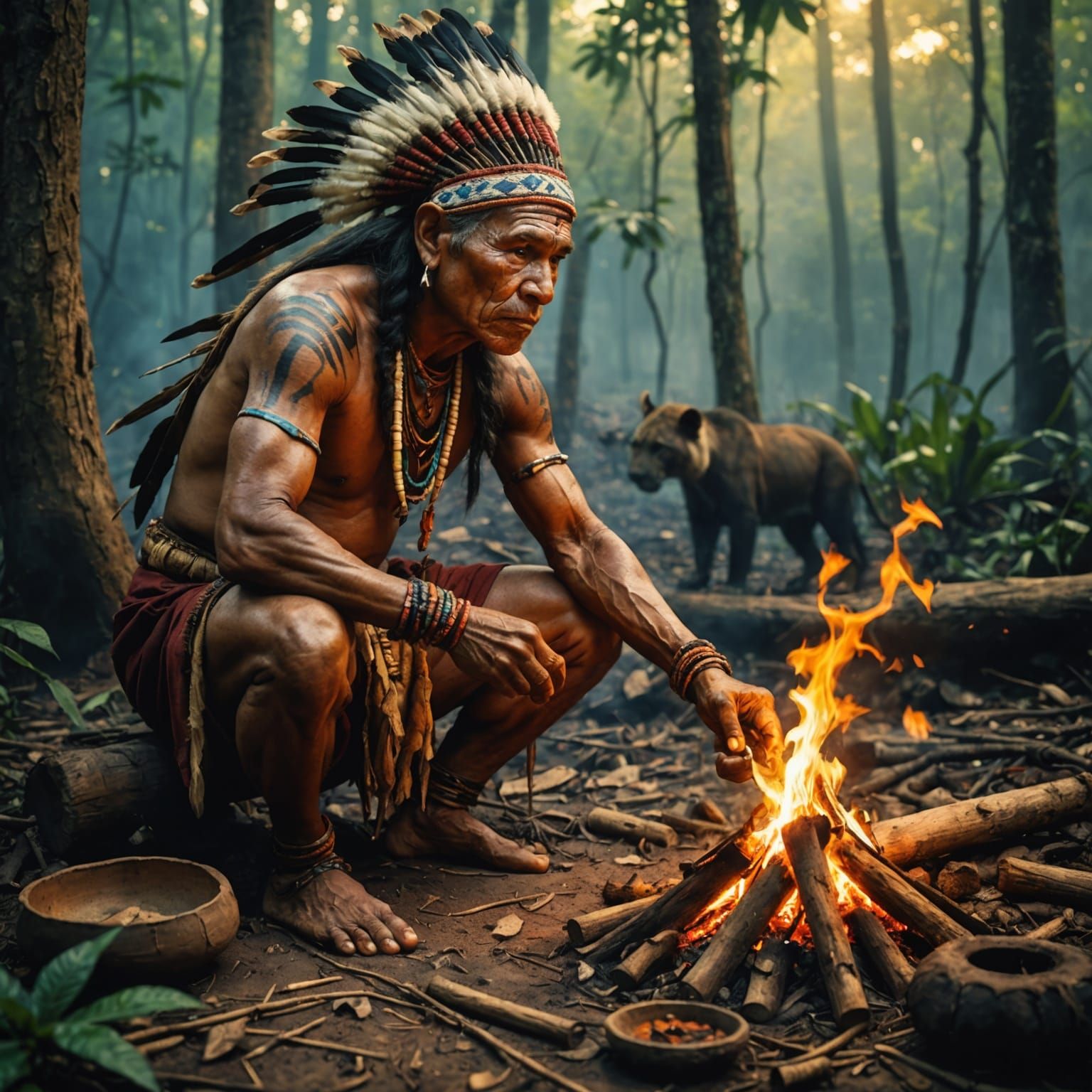 Amazon Shaman Making Fire in Village