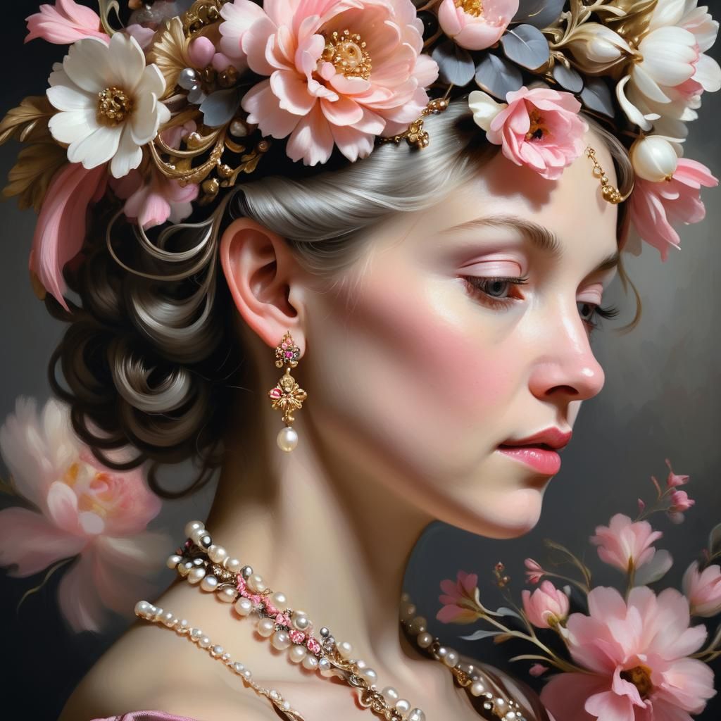 Baroque Portrait of Woman with Floral Headpiece